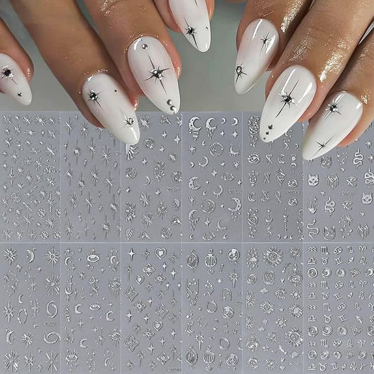12 Sheets Silver Nail Art Stickers Star Nail Stickers Sun Moon Nail Decals Self Adhesive Evil Eye Nail Art Supplies for Women Girls DIY Manicure Nail Art Decorations