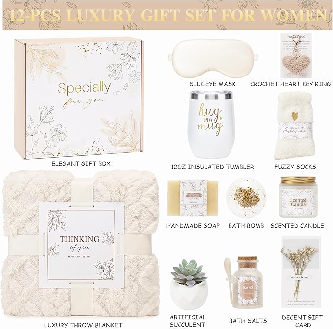 CuriBox Get Well Gifts for Women Self Care Gifts Basket - Relaxing Spa Care Package After Surgery Thinking of You Birthday Gift - Feel Better Sympathy Gift Set for Her Mom Sister Friend Wife (Beige)