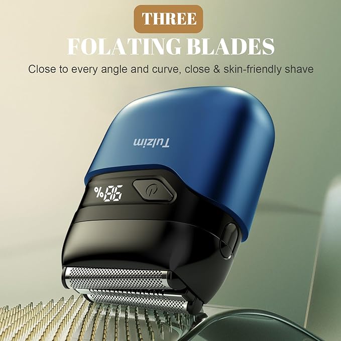 Electric Foil Shaver for Men: Portable Electric Razor for Beard/Face, 3 Floating Blade LED Display USB-C Fast Rechargeable, IPX7 Waterproof for Travel & Home,Light Blue