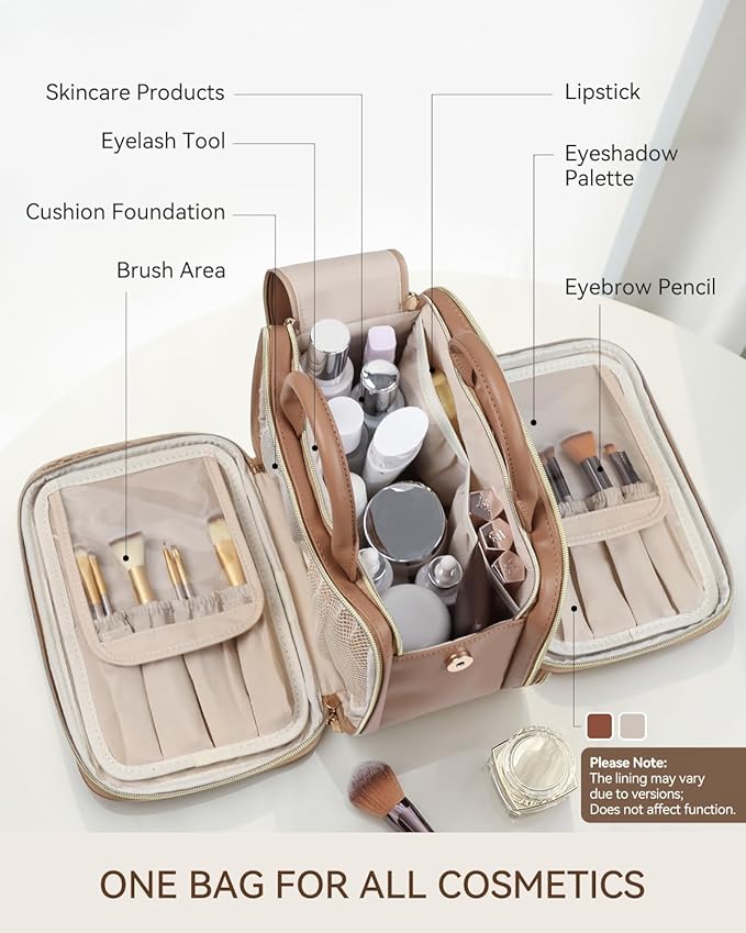 Prite Travel Makeup Bag Women’s Large Capacity Waterproof Cosmetic Organizer Portable Open Flat Toiletry Case with Free-standing Brush Holder and Handle(Brown Medium)
