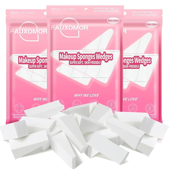 Fauxomor 324 Pcs New Makeup Sponges Wedges for Face Foundation, Latex-Free Triangle Cosmetic Make Up Sponge for Flawless Application and Blending, Beauty Blender for All Skin Types with Six Pouches