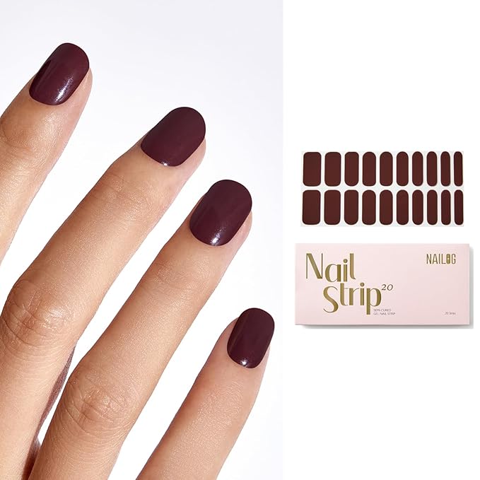 NAILOG Semi Cured Gel Strips - 20 Pcs Nail Stickers | Buy 2 Get 1 UV Light | Extra Long Wraps With Glossy Gel Finishing Reddish Brown, Plum