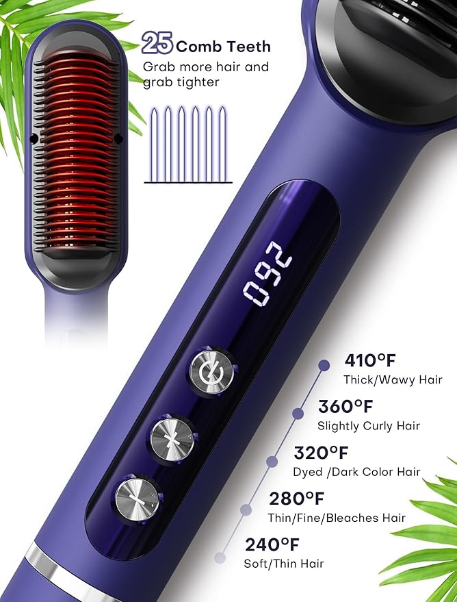 Pro Ionic Hair Straightener Brush for Women - 9 Temp Settings with LED Display, 20s Fast Heat (250°F-410°F), Dual Voltage & Travel Bag for Frizz-Free Salon Finish