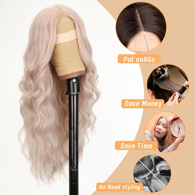 AISI HAIR Light Pink Wig for Women, Long Wavy Lace Hairline Middle Part Synthetic Heat Resistant Wig for Daily Party-26 Inch