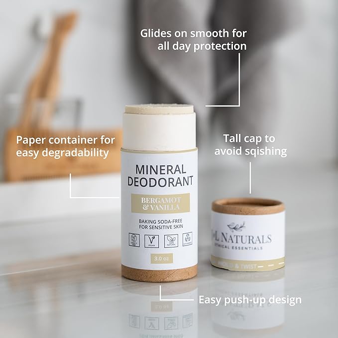 J&L Naturals Mineral Deodorant | Baking Soda-Free, 100% Natural, Sustainable | Sensitive Deodorant For Women & Men | Aluminum Free, Vegan, Cruelty-Free (Bergamot & Vanilla, 3 Oz (Pack of 1))