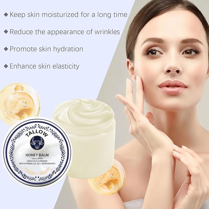 Hemdnt Grass Fed Honey & Tallow Balm -Beef Tallow Beeswax and Honey Moisturizer, Organic Beef Tallow Moisturizer for Face & Body Lotion Skin Care for Sensitive Skin