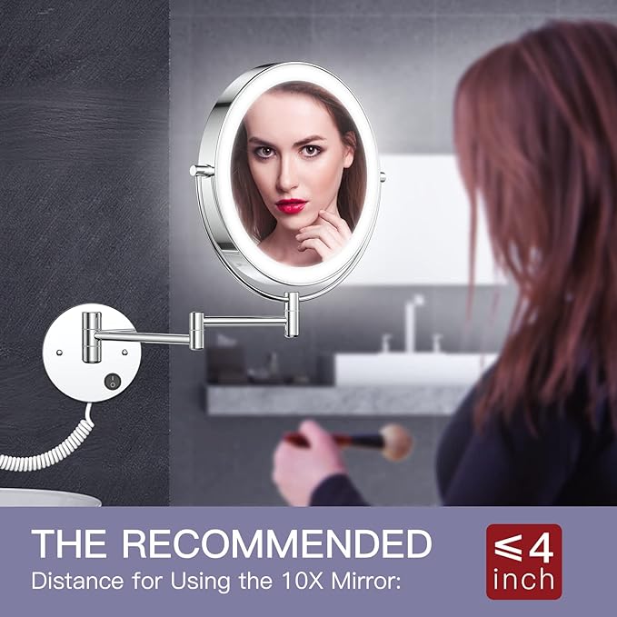 Benbilry 9" Large Size Wall Mounted Lighted Makeup Vanity Mirror, 1X/10X Magnifying 2-Sided AC Plug-in Powered Bathroom Mirror, 360° Swivel 13 Inch Extendable Arm, Chrome