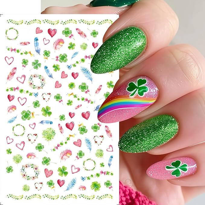 8 Sheets St. Patrick's Day Nail Art Stickers Green Shamrock 3D Self-Adhesive Nail Decals Four Leaf Clover Nail Supplies Lucky of Irish Spring Summer Lucky Leaf Nail Decor for Women Manicure DIY