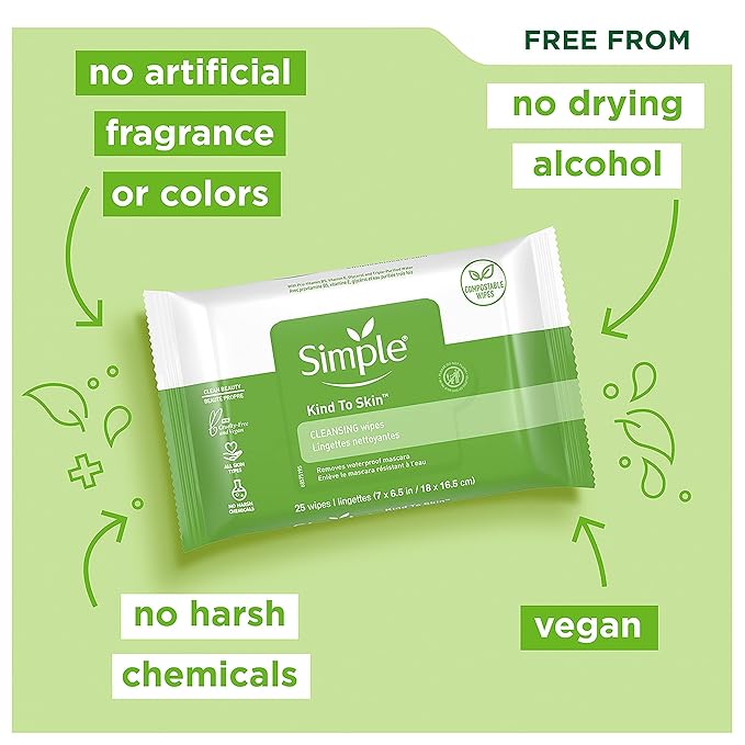 Simple Kind to Skin Facial Wipes Gentle and Effective Makeup Remover Cleansing Free from color and dye artificial perfume and harsh chemicals, 25 Count (Pack of 2)