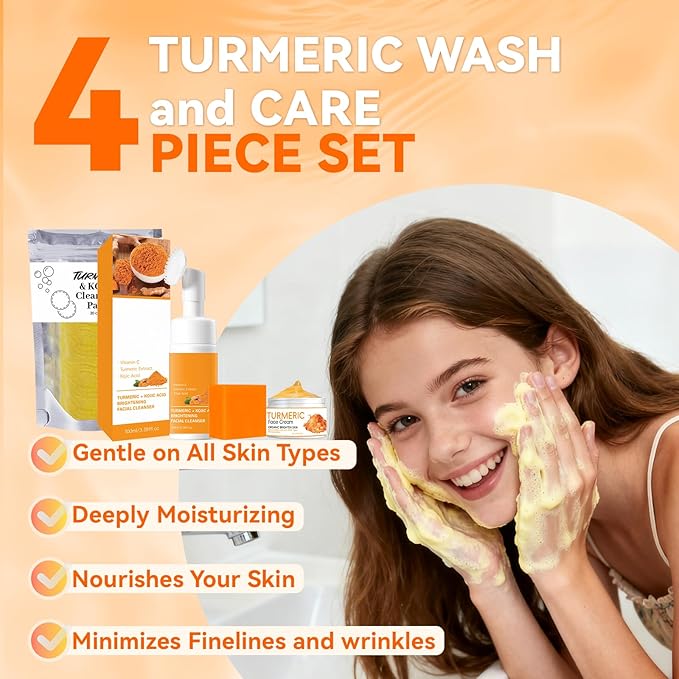 4-Piece Turmeric Skincare Set with Face Wash, Cream, Soap Bar, Bubble Net, Facial Cleanser for All Skin Types, Soothing Hydrating Formula