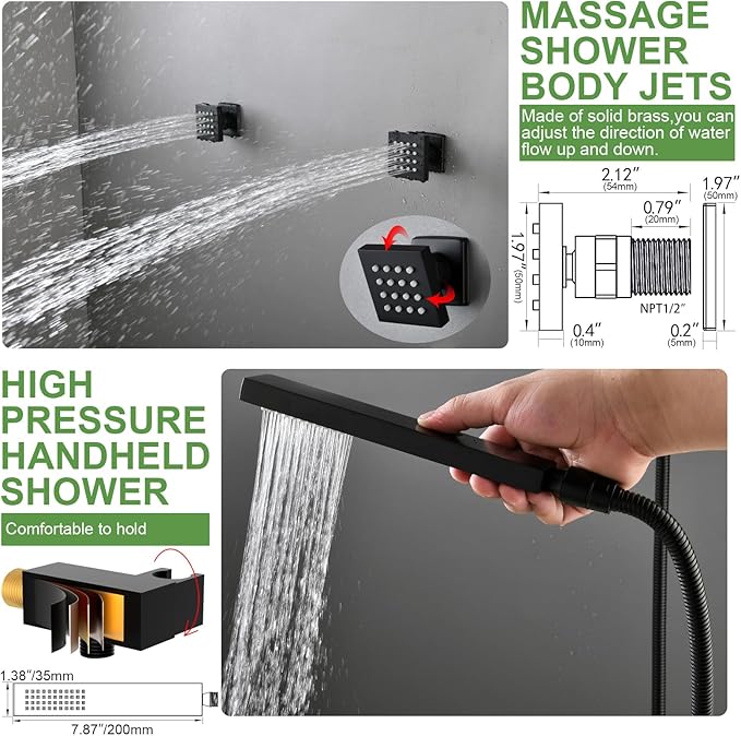 HOMEDEC Dual Side 6" Wall Mounted and 15.7x31.5" Shower Head System, with Handheld and 6 Spray Jets, Ceiling Mount Rain Shower Faucet Set, Black