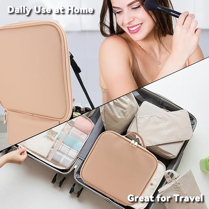 SLUMAZI Travel Makeup Bag with LED Mirror and 10x magnifying glass with 3 Lighted Settings, Adjustable Dividers and Makeup Brush Storage Bag Khaki