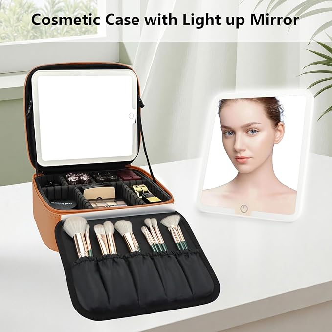 SLUMAZI Travel Makeup Bag with LED Mirror Travel Makeup Organizer with 3 Lighted Settings, Adjustable Dividers and Makeup Brush Storage Bag Orange-Brown