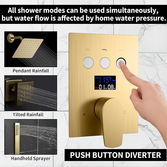 HONGTONGSOWER Bathroom Rainfall Shower System Wall Mount 8 Inch Shower Head With Handled Spray 6 Pcs jets Temperature Display Shower Faucet Set (Brushed Gold)