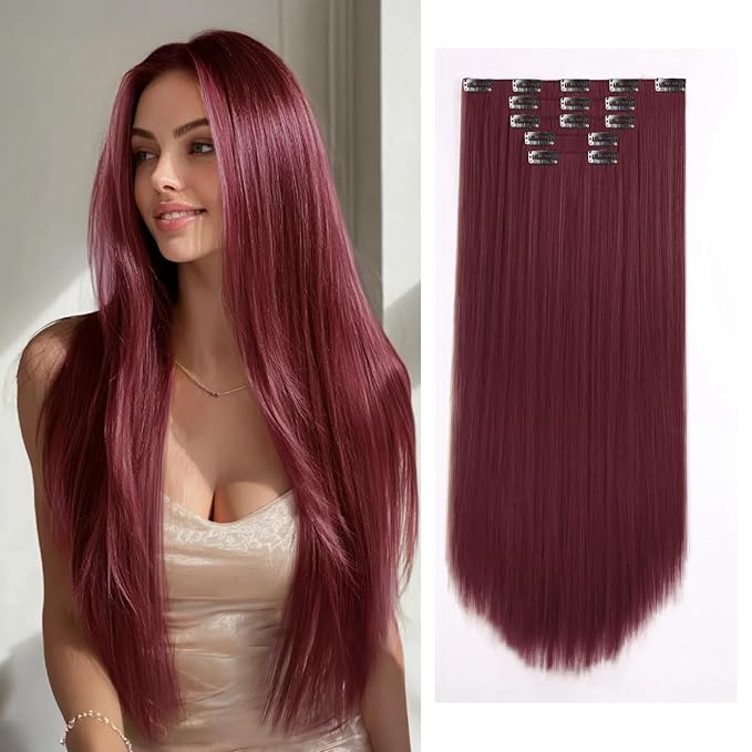 Burgundy Clip in Extensions 26 Inch Long Invisible Thick Synthetic Extension Straight Clips on Hair Pieces 5PCS Soft and Not Easily Knotted Hairpieces for Women Weddings Party Daily Use 8.1 Oz