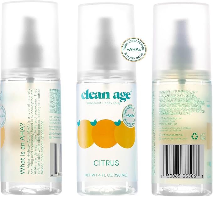 Aluminum Free Deodorant & Body Spray for Whole Body - Citrus 4oz (2 Pack) Clean Deodorant and Body Spray for Teen Boys and Girls - With AHA For Body Acne - Body Spray for Teens Formula