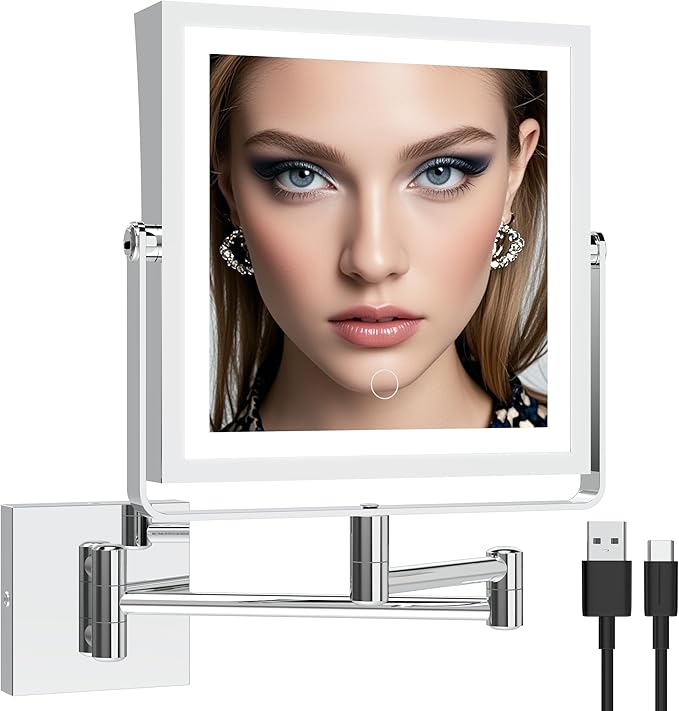 Ruacq Rechargeable Wall Mounted Makeup Mirror with Lights, Double Sided 1X/7X Magnifying Vanity Mirror with 3 Color Lighting, Touch Screen Dimmable, 360° Rotation Extension Foldable Arm(Chrome)