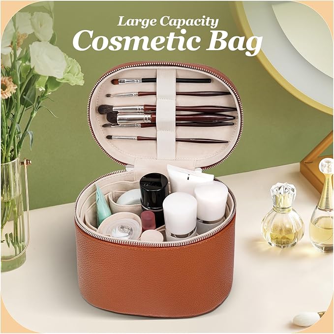 idoltimes Cosmetic Case, Leather Makeup Bag, Portable Handheld Makeup Case, Detachable Compartments