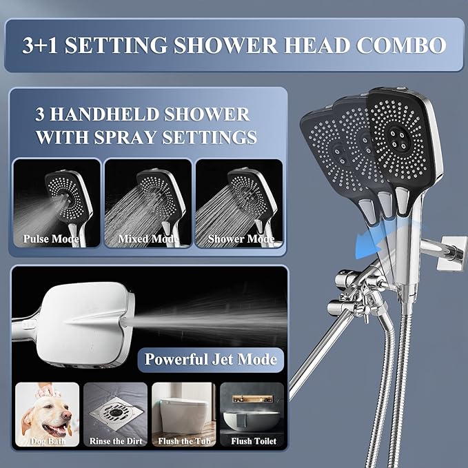 12 Inch Rain Shower Head with Handheld Spray Combo and Extention Arm, High Pressure Rainfall Waterfall Shower Heads, Dual Showerhead with 3-Way Diverter - Height/Angle Adjustable(Chrome)