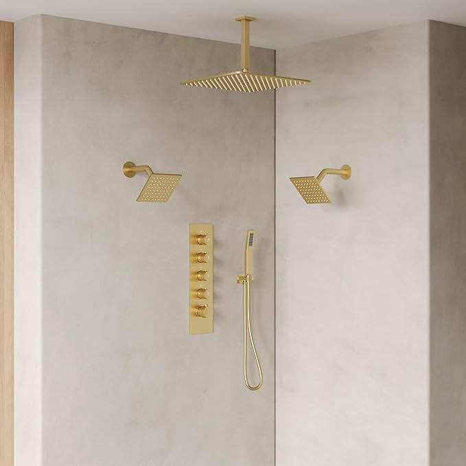 EVERSTEIN Thermostatic Shower system, 16, 6 in. Bathroom Shower Set Wall Mount Dual Shower Head Faucet in Brushed Gold