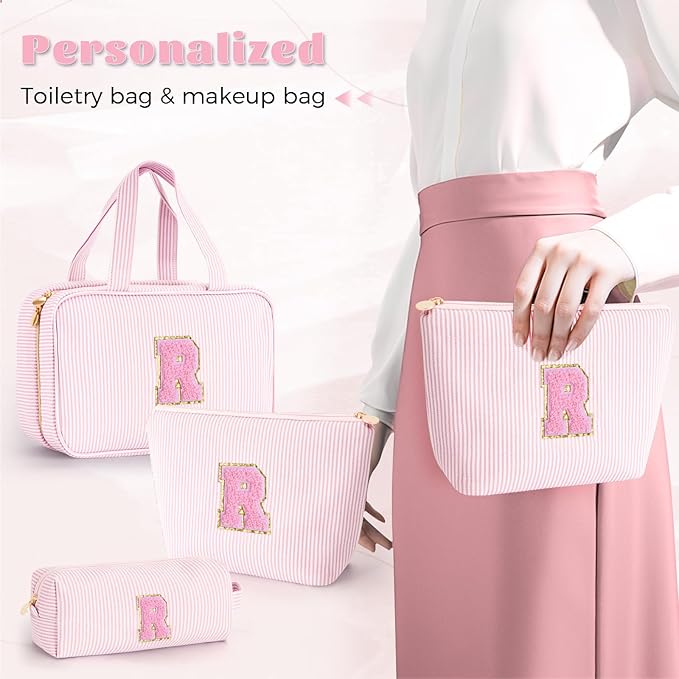 Fystdtote Initial Toiletry Bag Makeup Bag for Girls,Travel Cosmetic Bag with Small Makeup Brush Bag Personalized Wife Friend Gifts Makeup Birthday Gifts for Women Her - Pink R