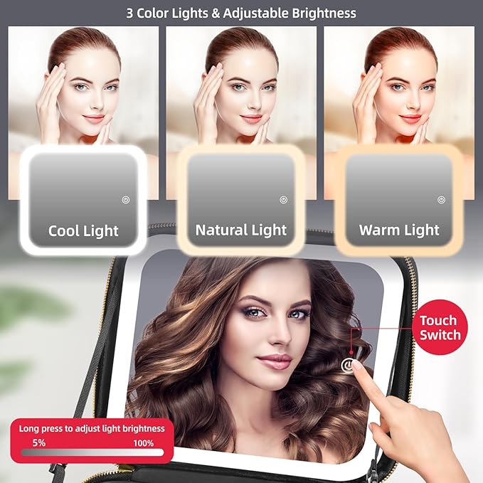 Jadazror Makeup Bag with Mirror and Light 3 Colors, Travel Make up Bag with Mirror Portable Lighted Makeup Case Organizer Cosmetic Case with 2-Layers Adjustable Dividers & 10X Magnifying Mirror(Black)