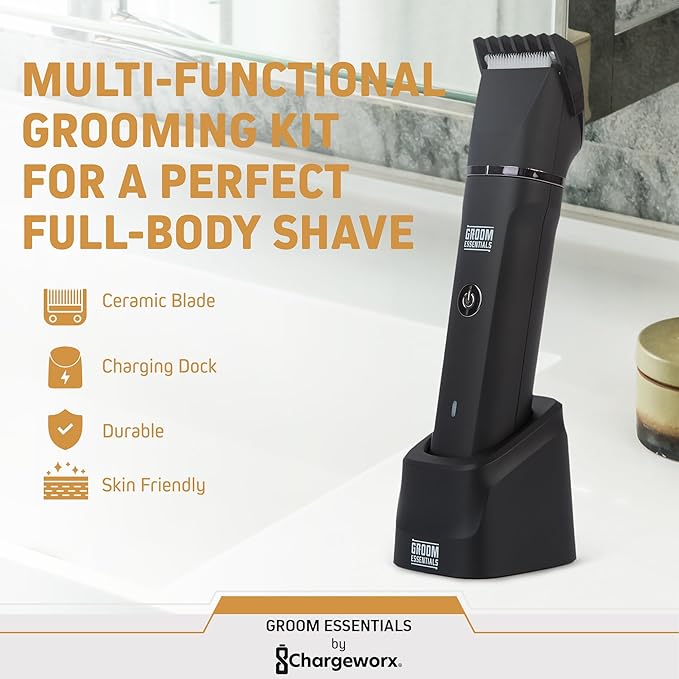 Groom Essentials Electric Shaver for Men with Charging Dock, USB-C Cordless Wet & Dry Full Body Grooming Kit with Beard Trimmer, Nose Trimmer, Trimming Guides