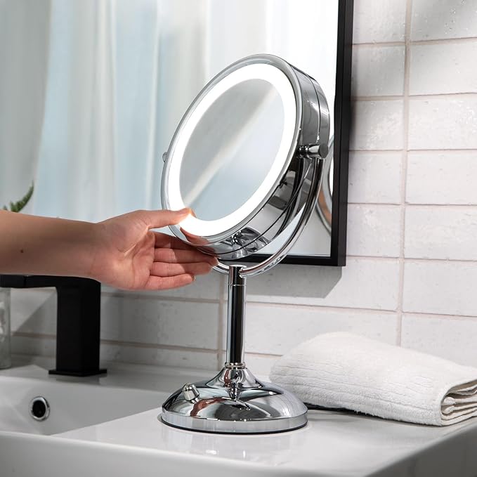 JERDON Lighted Tabletop Mirror with 10X/1X Magnification - LED Lighted Makeup Mirror with Multiple Light Settings in Chrome Finish - 8.5-Inch Diameter Vanity Mirror - Model JS8510BC