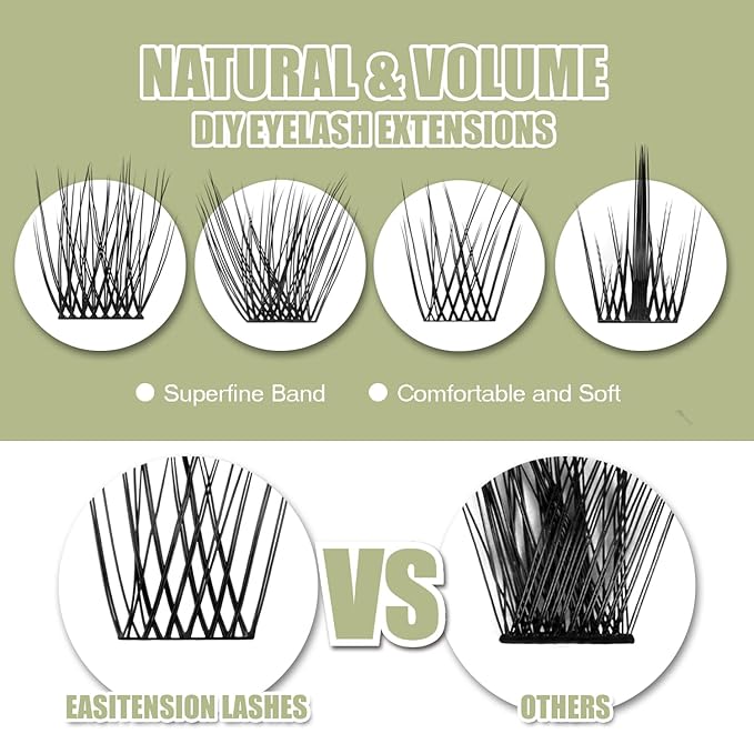DIY Eyelash Extension, 3D Effect Glue Bonded Band Individual Lash 48 Clusters Volume Lashes Set, Home Eyelash Extension, C curl Lashes Pack 16MM-Natural-48 Clusters