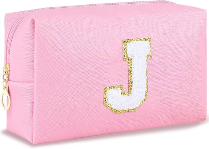 URSKYTOUS Gifts for Teacher Initial Makeup Bag Personalized Cosmetic Bag Cute Travel Toiletry Bag Small Chenille Letter PU Makeup Pouch Organizer Preppy Birthday Gift for Daughter Teen Girls (Pink J)