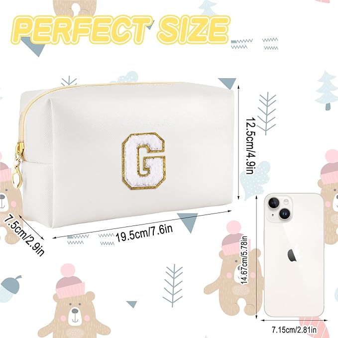 URSKYTOUS Gifts for Girls Initial Makeup Bag Personalized Cosmetic Bag with Zipper Cute Travel Toiletry Bags Waterproof PU Preppy Makeup Pouch Birthday Gift for Teen Girls Women(White G)