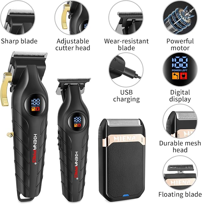 HIENA PRO Hair Clippers for Men Professional, Cordless Barber Clipper T-Blade Beard/Hair Trimmer Foil Shaver Full Barber Set, Electric Men's Hair Cutting Kit with LED Display and 8 Guide Combs