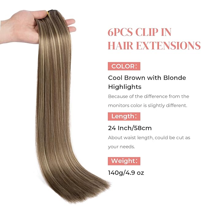 Clip in hair extensions，LONAI 6PCS Straight 24" Hair Extensions for Women，Heat Resistant Synthetic Hairpiece-Cool Brown with Blonde Highlights