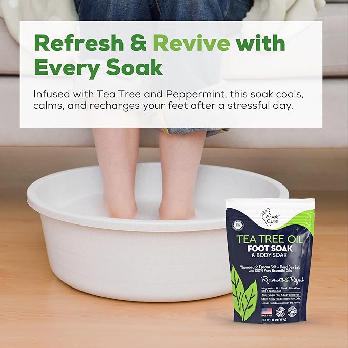 FOOT CURE Tea Tree Oil Foot Soak with Epsom Salts- for Foot Pain, Soreness, Athletes Foot, Odors, Toe Nail Fungus, Fungal, Calluses (Pack of 4)