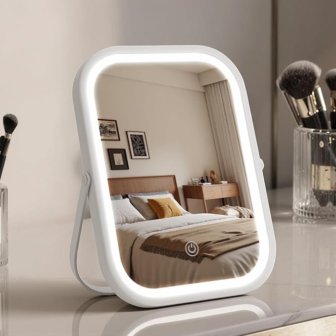 Vanity Mirror with Lights, 6"×8" Travel Makeup Mirror with lights Built-in 1500mAH Battery, Smart Touch with 3-Color Lighting, Dimmable, Compact Desk Mirror, Women Gift, Travel Essentials(White)