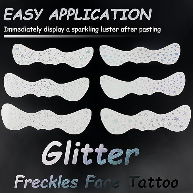 Silver Glitter Freckles Face Tattoo, Glow Up Makeup Patches - Face Glitter Speckles Patches - Cute Glitter Makeup Accessories for Women - Cosmetic Glitter for Face - 6 Sheets