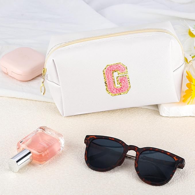 URSKYTOUS Initial Makeup Bag Personalized Preppy Travel Small Cosmetic Bag Cute PU White Chenille Letter Makeup Pouch for Purse Waterproof Zippered Toiletry Organizer for Women Girls Kids Friends (G)