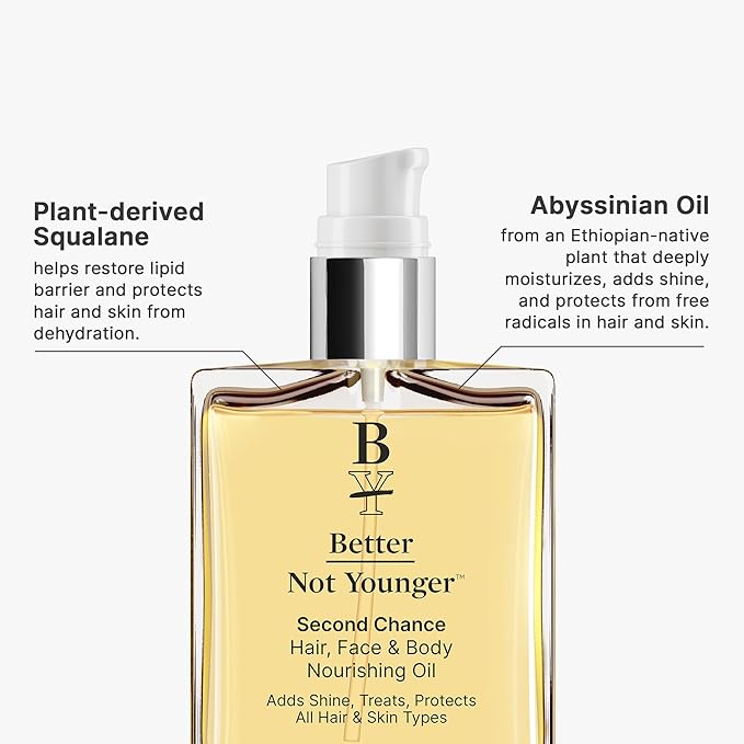 Better Not Younger Nourishing Oil for Face, Body & Hair – Lightweight, Fast-Absorbing Hydrating Oil for Women Over 40 – With Abyssinian to Restore Moisture, Smoothness & Protection for Skin and Hair.