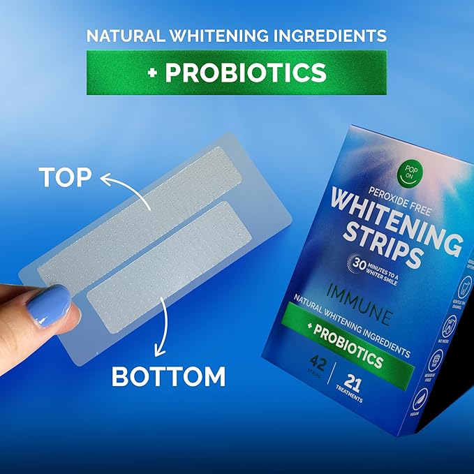 Teeth Whitening Strips by Pop On, 14 Strips, 7-Day Treatment, Non-Slip, Sensitive Teeth Whitening Strips, Made with Natural Ingredients, Mint Flavor, with Essential Probiotics, Hydrogen Peroxide Free