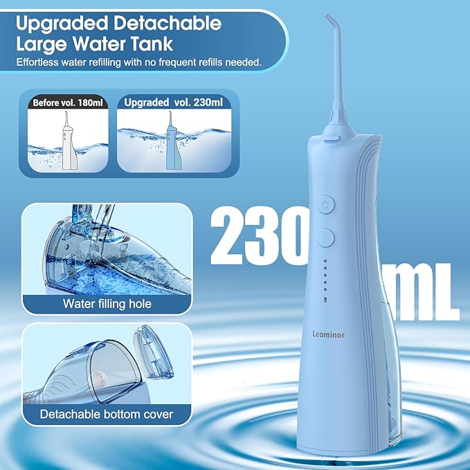 Leominor Water Dental Flosser - 5 Modes Cordless Oral Irrigator, IPX7 Waterproof, Rechargeable Teeth Cleaner Upgrade Datchable Tank Professional Flossing Cleaning Pick for Home Travel(S Blue)