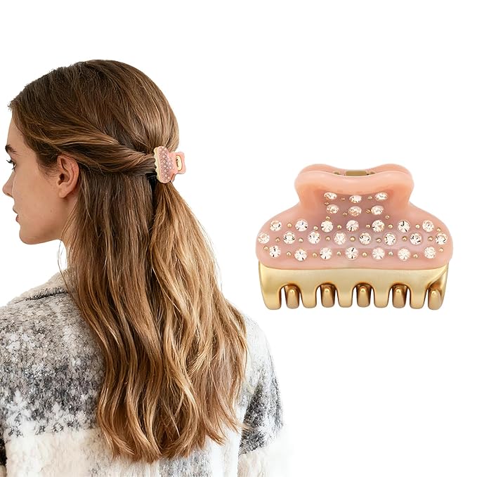 18K Gold Plated Small Claw Clips - 1.7 Inch Cute Rhinestone Hair Clips for Women Girls Thick Thin Hair, Premium French Hair Accessories for Half-Up, Birthday Valentine's Gift for Her, Pink