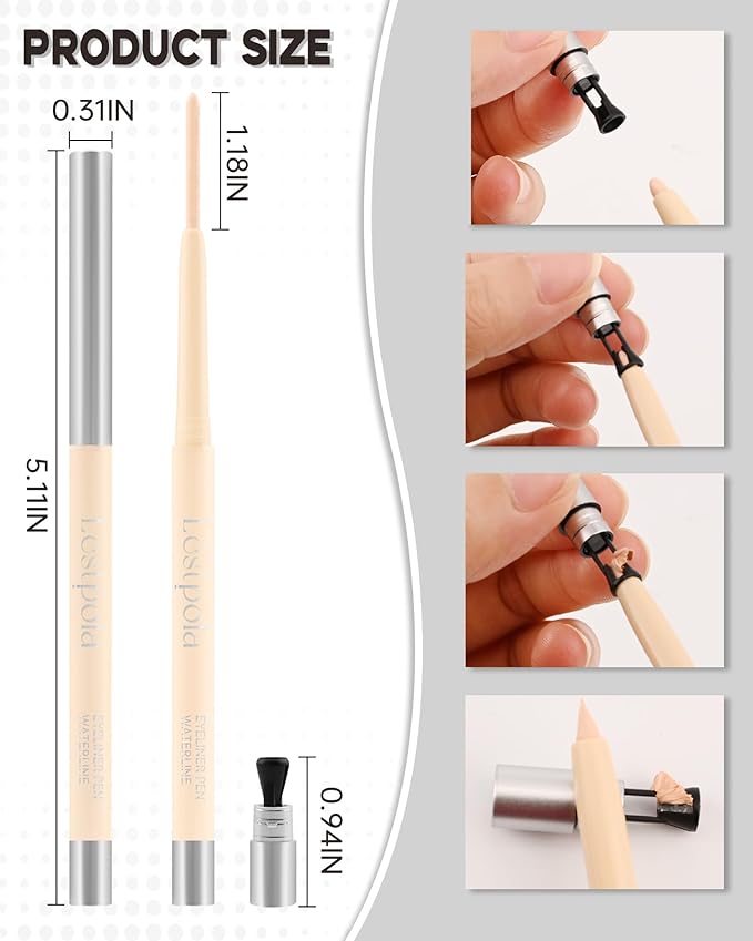Nude Gel Waterline Eyeliner, Glides on Smooth Eyeliner Pencil, Matte Cream Soft Texture, Waterproof Smudge-Proof Long Wear Eye Liner, Retractable Beige Eye Liner Brightener Pen with Sharpener(2Pcs)