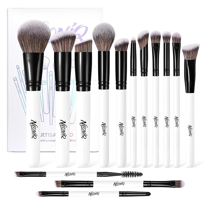 NEONIQ 14 PCS Professional Makeup Brushes, Makeup Brush Set, Foundation Powder Blending Concealer Eyeshadows Blush Cosmetics Brushes,Versatile Face Make Up Tools For Liquid, Cream, Loose(White)