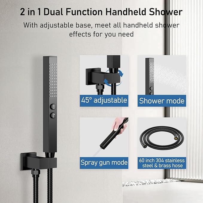 Thermostatic Shower System Matte Black Push Button Shower Faucet Set,12" Ceiling Rainfall and 6" Wall Mount Rain Shower with 2 in 1 Handhled, Can Use All at Once, Shower Set with Valve and Trim Kit