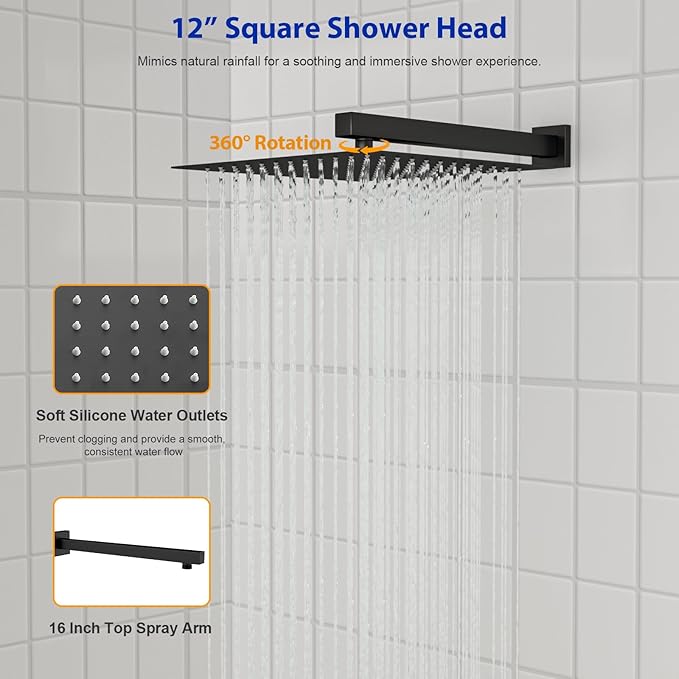 Dcolora Rainfall Shower System with Handheld, Matte Black Shower Faucet Set for Bathroom, Brass Valve, 304 Stainless Steel, Anti-Scald cUPC Certified(Matte Black, 12 Inch)