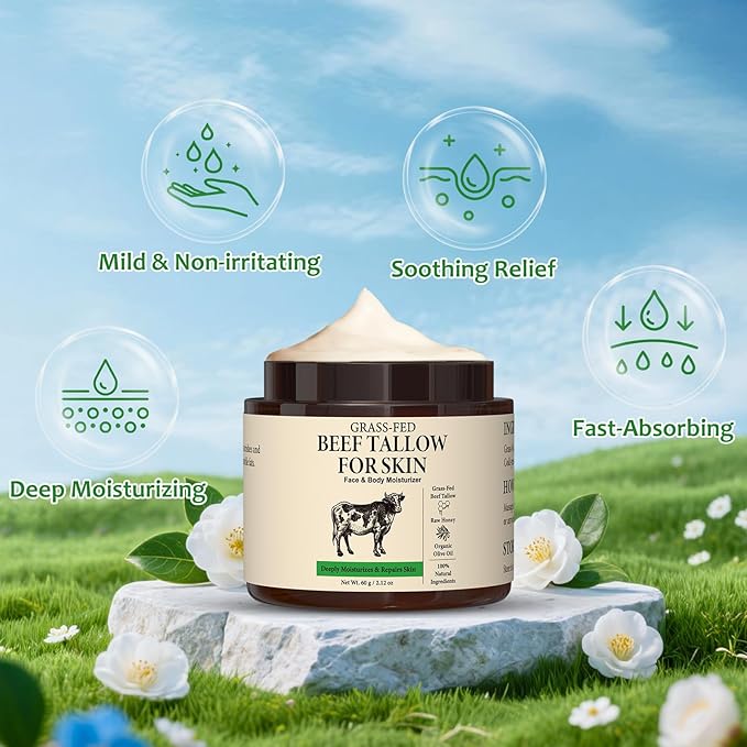 Pixellon Beef Tallow for Skin, 100% Organic Grass-Fed Beef Tallow and Honey Balm, Deep Moisturizing Facial & Body Balm, Natural Face Moisturizer for All Skin Types