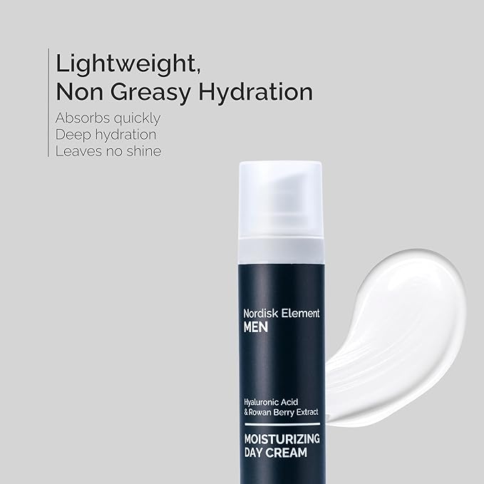 Nordisk Element Men’s Moisturizing Day Cream | Deep Hydration Mens Face Moisturizer with Hyaluronic Acid & Rowan Berry | Lightweight Non-Greasy Face Cream for All Skin Types, Vegan & Clean, 1.7oz