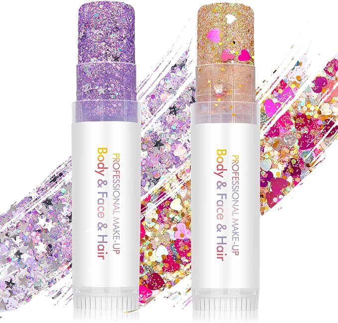 Valentine's Day Body Glitter Stick for Face, Body & Hair - Purple & Gold Chunky Sparkle Glitter, Heart & Star Design Face Gem 2 Pack | Long Lasting Party Makeup for Festival, Rave, Concert & Cosplay
