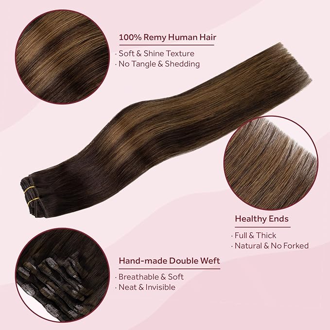 Clip in Hair Extensions Real Human Hair, Silky Remy Hair Extensions Clip Ins, Salon Quality Straight Human Hair for Women, Dark Brown to Chestnut Brown #2TP6/2 18Inch 120G 7PCS