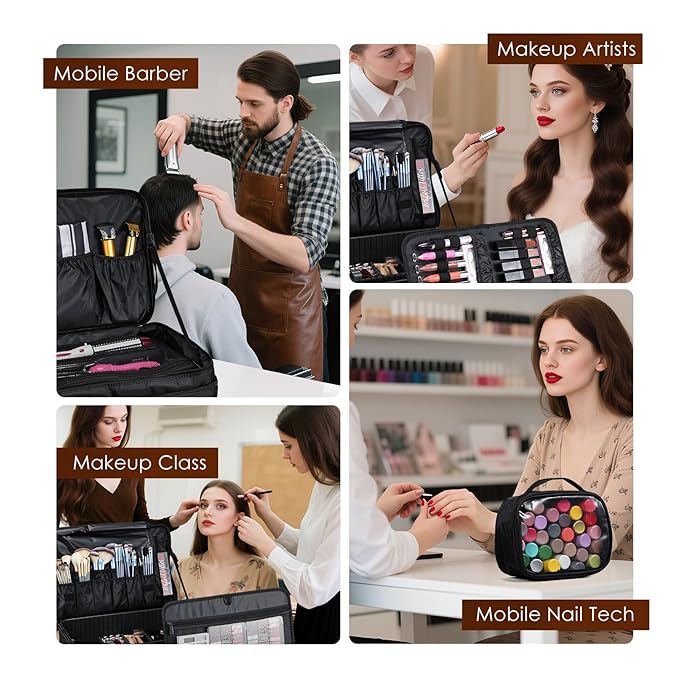 Adazzo Extra Large Makeup Case 8.5” Deep Professional Cosmetic Organizer Box Brush Holder with 3 Clear Set Bags/Lipstick Plate for Makeup Artists with Shoulder Strap/Adjustable Dividers/Luggage Sleeve